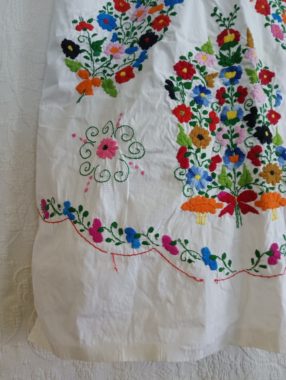 Vintage Hand Embroidered Mexican Dress Traditional Puebla Colorful Maxi Red Blue - Picture 10 of 14